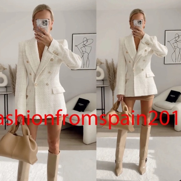 Zara Double Breasted Embossed Tweed Tailored Fit Ecru White Blazer Jacket - Picture 4 of 16